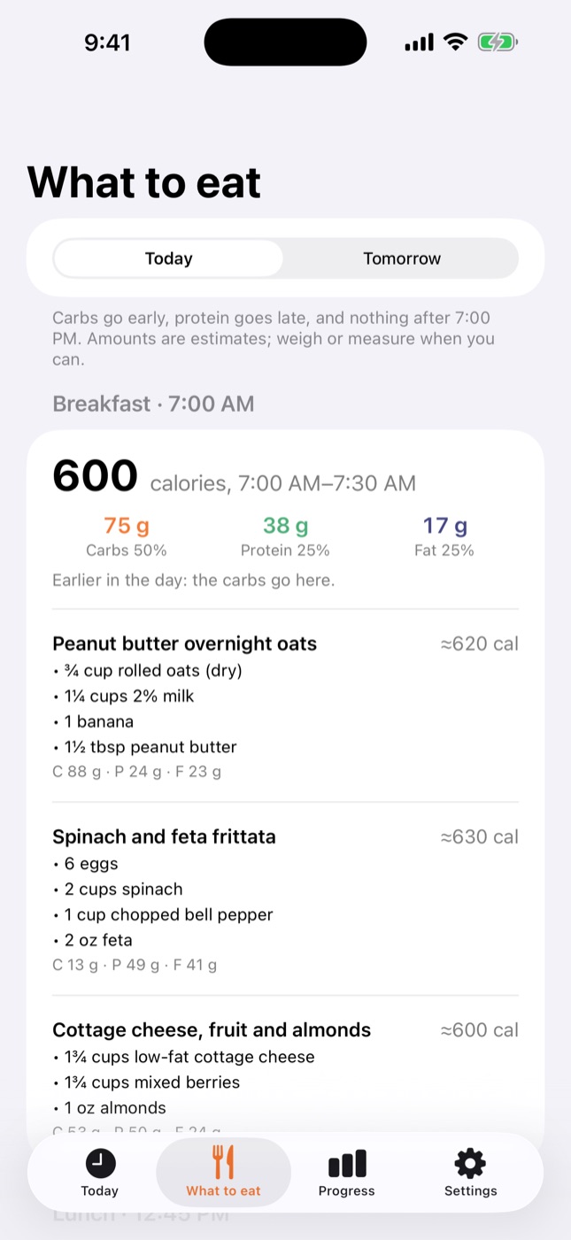 The What to eat screen with meal ideas and portions